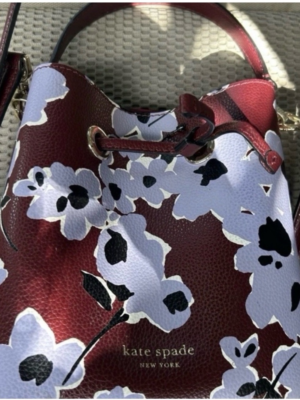 Kate Spade Floral Drawstring Bucket Bag — Burgundy White